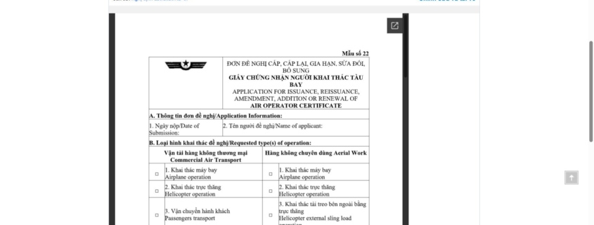 MẪU ĐƠN ĐỀ NGHỊ CẤP, CẤP LẠI, GIA HẠN, SỬA ĐỔI, BỔ SUNG GIẤY CHỨNG NHẬN NGƯỜI KHAI THÁC TÀU BAY