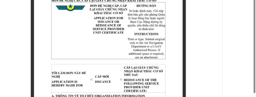 MẪU ĐƠN ĐỀ NGHỊ CẤP, CẤP LẠI GIẤY CHỨNG NHẬN KHAI THÁC CƠ SỞ CUNG CẤP DỊCH VỤ BẢO ĐẢM HOẠT ĐỘNG BAY
