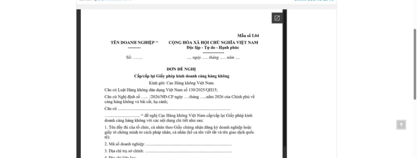 MẪU ĐƠN ĐỀ NGHỊ CẤP/CẤP LẠI GIẤY PHÉP KINH DOANH CẢNG HÀNG KHÔNG