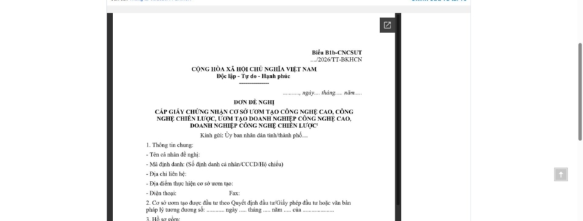 MẪU ĐƠN ĐỀ NGHỊ CẤP GIẤY CHỨNG NHẬN CƠ SỞ ƯƠM TẠO CÔNG NGHỆ CAO, CÔNG NGHỆ CHIẾN LƯỢC, ƯƠM TẠO DOANH NGHIỆP CÔNG NGHỆ CAO, DOANH NGHIỆP CÔNG NGHỆ CHIẾN LƯỢC