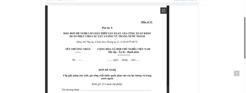 MẪU ĐƠN ĐỀ NGHỊ CẤP GIẤY PHÉP SẢN XUẤT, GIA CÔNG XUẤT KHẨU QUÂN PHỤC CHO CÁC LỰC LƯỢNG VŨ TRANG NƯỚC NGOÀI