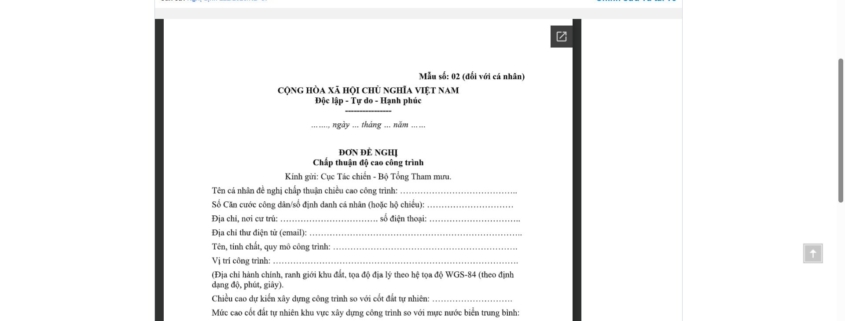 MẪU ĐƠN ĐỀ NGHỊ CHẤP THUẬN ĐỘ CAO CÔNG TRÌNH ĐỐI VỚI CÁ NHÂN (TRONG QUẢN LÝ CHƯỚNG NGẠI VẬT HÀNG KHÔNG)