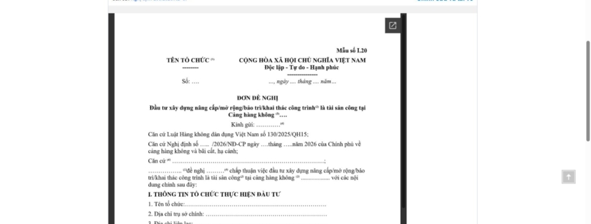 MẪU ĐƠN ĐỀ NGHỊ ĐẦU TƯ XÂY DỰNG NÂNG CẤP/MỞ RỘNG/BẢO TRÌ/KHAI THÁC CÔNG TRÌNH LÀ TÀI SẢN CÔNG TẠI CẢNG HÀNG KHÔNG