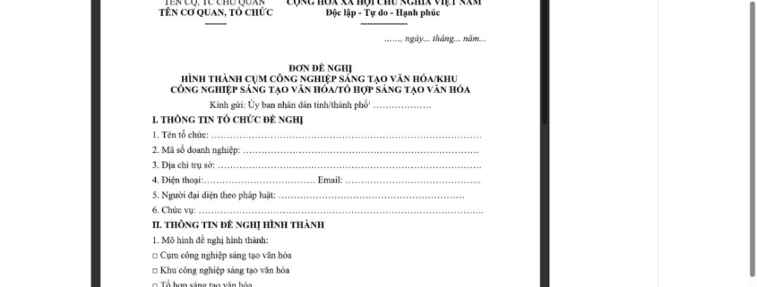 MẪU ĐƠN ĐỀ NGHỊ HÌNH THÀNH CỤM CÔNG NGHIỆP SÁNG TẠO VĂN HÓA/KHU CÔNG NGHIỆP SÁNG TẠO VĂN HÓA/TỔ HỢP SÁNG TẠO VĂN HÓA
