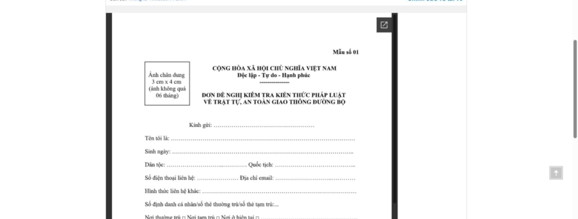 MẪU ĐƠN ĐỀ NGHỊ KIỂM TRA KIẾN THỨC PHÁP LUẬT VỀ TRẬT TỰ, AN TOÀN GIAO THÔNG ĐƯỜNG BỘ