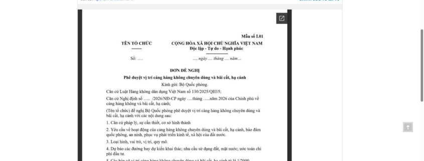 MẪU ĐƠN ĐỀ NGHỊ PHÊ DUYỆT VỊ TRÍ CẢNG HÀNG KHÔNG CHUYÊN DÙNG VÀ BÃI CẤT, HẠ CÁNH