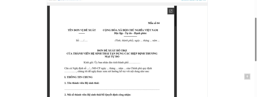 MẪU ĐƠN ĐỀ XUẤT HỖ TRỢ CỦA THÀNH VIÊN HỆ SINH THÁI TẬN DỤNG CÁC HIỆP ĐỊNH THƯƠNG MẠI TỰ DO