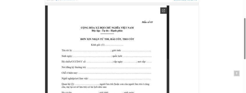 MẪU ĐƠN XIN NHẬN TỬ THI, HÀI CỐT, TRO CỐT (TRONG TRƯỜNG HỢP NGƯỜI CHẤP HÀNH ÁN PHẠT TRỤC XUẤT LÀ NGƯỜI LƯU TRÚ HOẶC CON CỦA NGƯỜI LƯU TRÚ TẠI CƠ SỞ LƯU TRÚ CHẾT)