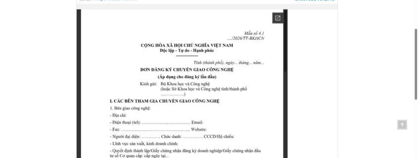 MẪU ĐƠN ĐĂNG KÝ CHUYỂN GIAO CÔNG NGHỆ (ÁP DỤNG CHO ĐĂNG KÝ LẦN ĐẦU)
