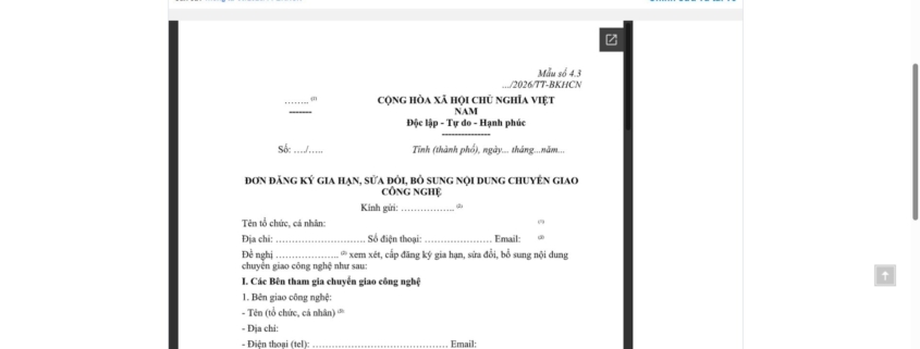 MẪU ĐƠN ĐĂNG KÝ GIA HẠN, SỬA ĐỔI, BỔ SUNG NỘI DUNG CHUYỂN GIAO CÔNG NGHỆ