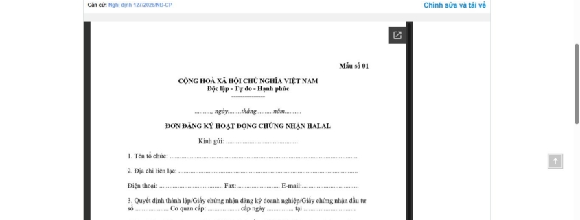 MẪU ĐƠN ĐĂNG KÝ HOẠT ĐỘNG CHỨNG NHẬN HALAL