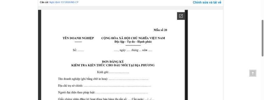 MẪU ĐƠN ĐĂNG KÝ KIỂM TRA KIẾN THỨC CHO ĐẦU MỐI TẠI ĐỊA PHƯƠNG (ĐỐI VỚI HOẠT ĐỘNG BÁN HÀNG ĐA CẤP)