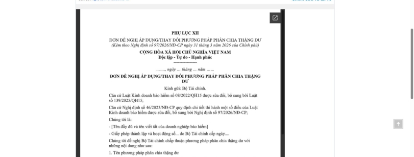 MẪU ĐƠN ĐỀ NGHỊ ÁP DỤNG/THAY ĐỔI PHƯƠNG PHÁP PHÂN CHIA THẶNG DƯ TRONG BẢO HIỂM NHÂN THỌ