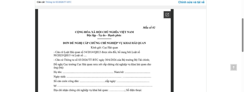 MẪU ĐƠN ĐỀ NGHỊ CẤP CHỨNG CHỈ NGHIỆP VỤ KHAI HẢI QUAN