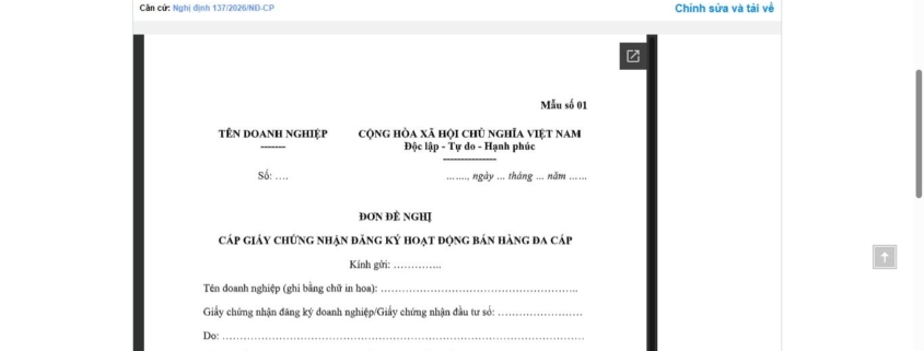 MẪU ĐƠN ĐỀ NGHỊ CẤP GIẤY CHỨNG NHẬN ĐĂNG KÝ HOẠT ĐỘNG BÁN HÀNG ĐA CẤP