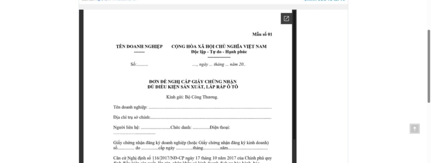 MẪU ĐƠN ĐỀ NGHỊ CẤP GIẤY CHỨNG NHẬN ĐỦ ĐIỀU KIỆN SẢN XUẤT, LẮP RÁP Ô TÔ