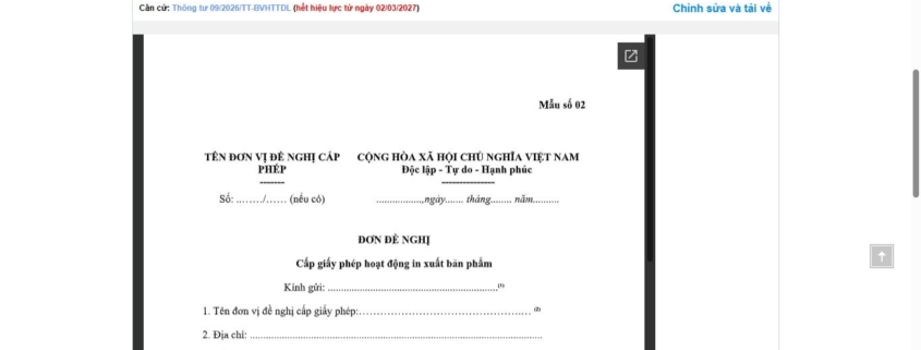 MẪU ĐƠN ĐỀ NGHỊ CẤP GIẤY PHÉP HOẠT ĐỘNG IN XUẤT BẢN PHẨM