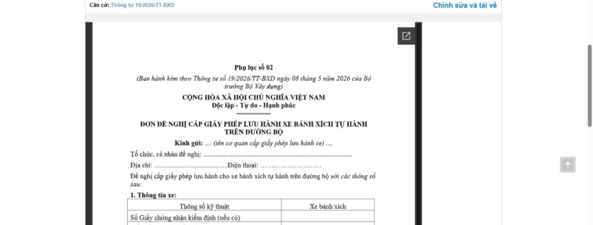 MẪU ĐƠN ĐỀ NGHỊ CẤP GIẤY PHÉP LƯU HÀNH XE BÁNH XÍCH TỰ HÀNH TRÊN ĐƯỜNG BỘ