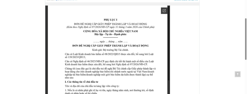 MẪU ĐƠN ĐỀ NGHỊ CẤP GIẤY PHÉP THÀNH LẬP VÀ HOẠT ĐỘNG CÔNG TY TRÁCH NHIỆM HỮU HẠN BẢO HIỂM, CÔNG TY TRÁCH NHIỆM HỮU HẠN TÁI BẢO HIỂM
