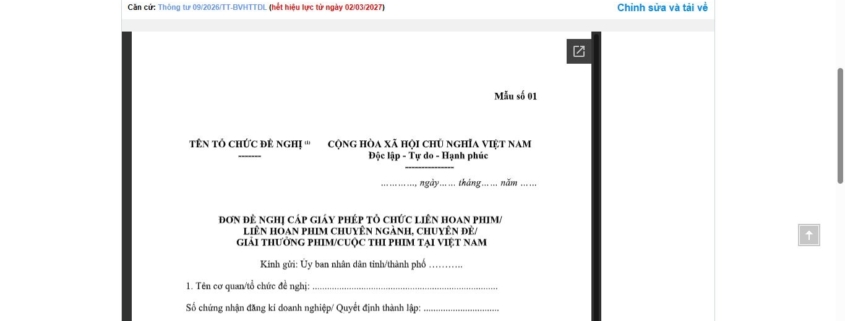 MẪU ĐƠN ĐỀ NGHỊ CẤP GIẤY PHÉP TỔ CHỨC LIÊN HOAN PHIM/LIÊN HOAN PHIM CHUYÊN NGÀNH, CHUYÊN ĐỀ/GIẢI THƯỞNG PHIM/CUỘC THI PHIM TẠI VIỆT NAM