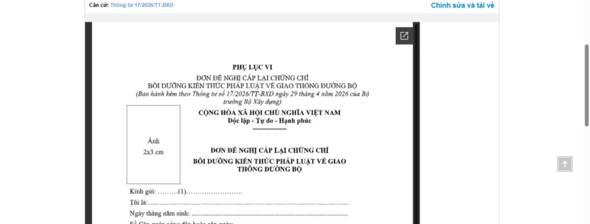MẪU ĐƠN ĐỀ NGHỊ CẤP LẠI CHỨNG CHỈ BỒI DƯỠNG KIẾN THỨC PHÁP LUẬT VỀ GIAO THÔNG ĐƯỜNG BỘ