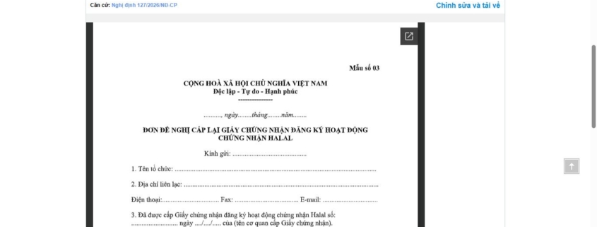 MẪU ĐƠN ĐỀ NGHỊ CẤP LẠI GIẤY CHỨNG NHẬN ĐĂNG KÝ HOẠT ĐỘNG CHỨNG NHẬN HALAL
