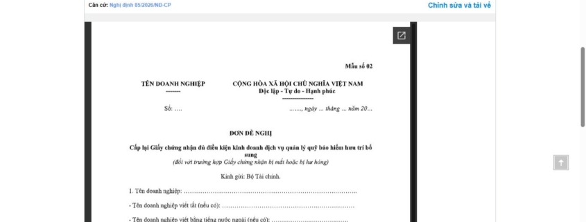 MẪU ĐƠN ĐỀ NGHỊ CẤP LẠI GIẤY CHỨNG NHẬN ĐỦ ĐIỀU KIỆN KINH DOANH DỊCH VỤ QUẢN LÝ QUỸ BẢO HIỂM HƯU TRÍ BỔ SUNG (ĐỐI VỚI TRƯỜNG HỢP GIẤY CHỨNG NHẬN BỊ MẤT HOẶC BỊ HƯ HỎNG)
