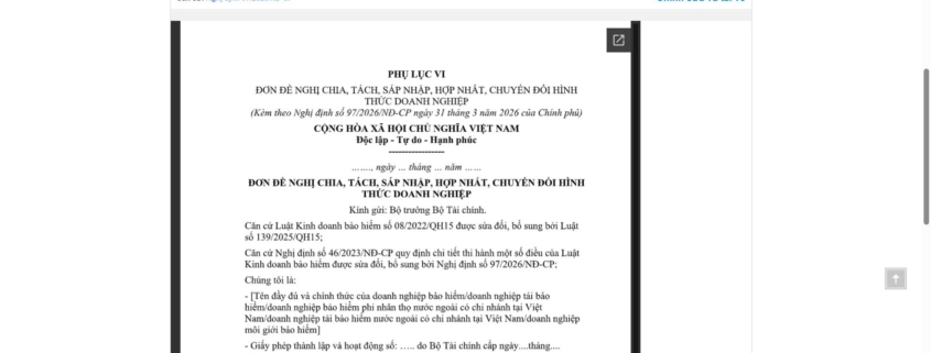 MẪU ĐƠN ĐỀ NGHỊ CHIA, TÁCH, SÁP NHẬP, HỢP NHẤT, CHUYỂN ĐỔI HÌNH THỨC DOANH NGHIỆP TÁI BẢO HIỂM, CHI NHÁNH NƯỚC NGOÀI TẠI VIỆT NAM