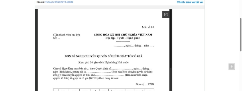 MẪU ĐƠN ĐỀ NGHỊ CHUYỂN QUYỀN SỞ HỮU GIẤY TỜ CÓ GIÁ TẠI NGÂN HÀNG NHÀ NƯỚC VIỆT NAM