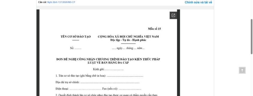 MẪU ĐƠN ĐỀ NGHỊ CÔNG NHẬN CHƯƠNG TRÌNH ĐÀO TẠO KIẾN THỨC PHÁP LUẬT VỀ BÁN HÀNG ĐA CẤP