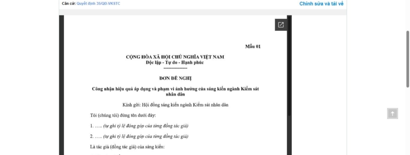 MẪU ĐƠN ĐỀ NGHỊ CÔNG NHẬN HIỆU QUẢ ÁP DỤNG VÀ PHẠM VI ẢNH HƯỞNG CỦA SÁNG KIẾN NGÀNH KIỂM SÁT NHÂN DÂN