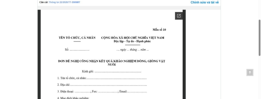MẪU ĐƠN ĐỀ NGHỊ CÔNG NHẬN KẾT QUẢ KHẢO NGHIỆM DÒNG, GIỐNG VẬT NUÔI