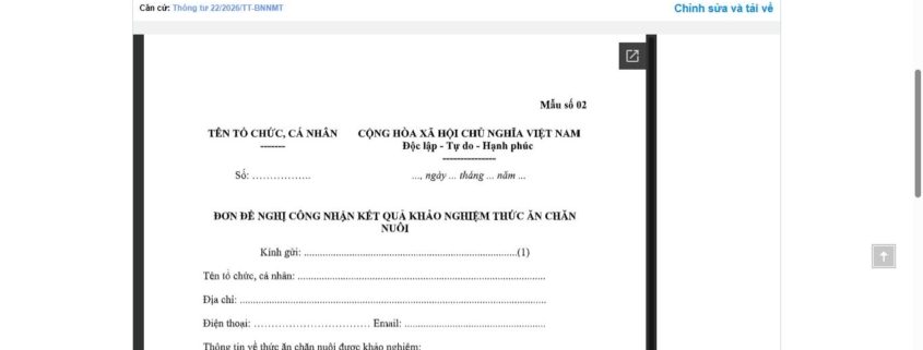 MẪU ĐƠN ĐỀ NGHỊ CÔNG NHẬN KẾT QUẢ KHẢO NGHIỆM THỨC ĂN CHĂN NUÔI