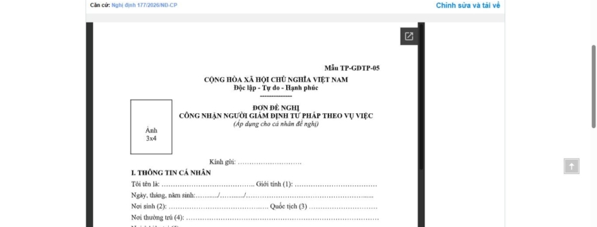 MẪU ĐƠN ĐỀ NGHỊ CÔNG NHẬN NGƯỜI GIÁM ĐỊNH TƯ PHÁP THEO VỤ VIỆC (ÁP DỤNG CHO CÁ NHÂN ĐỀ NGHỊ)