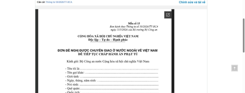 MẪU ĐƠN ĐỀ NGHỊ ĐƯỢC CHUYỂN GIAO Ở NƯỚC NGOÀI VỀ VIỆT NAM ĐỂ TIẾP TỤC CHẤP HÀNH ÁN PHẠT TÙ
