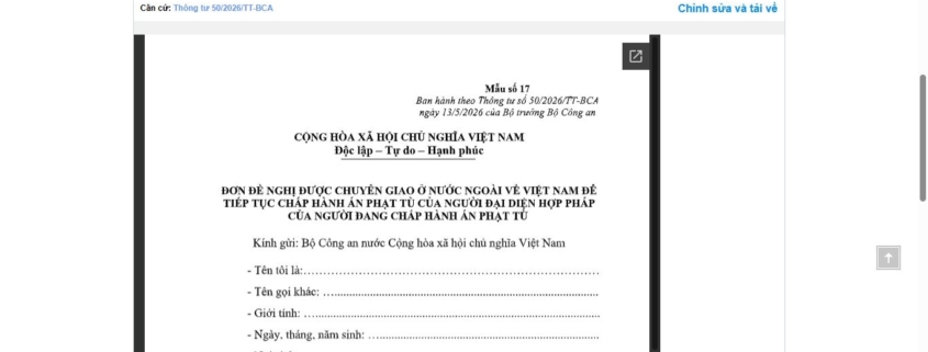 MẪU ĐƠN ĐỀ NGHỊ ĐƯỢC CHUYỂN GIAO Ở NƯỚC NGOÀI VỀ VIỆT NAM ĐỂ TIẾP TỤC CHẤP HÀNH ÁN PHẠT TÙ CỦA NGƯỜI ĐẠI DIỆN HỢP PHÁP CỦA NGƯỜI ĐANG CHẤP HÀNH ÁN PHẠT TÙ