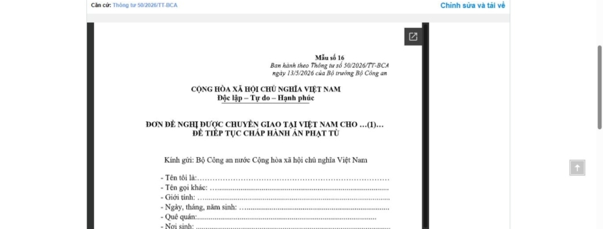 MẪU ĐƠN ĐỀ NGHỊ ĐƯỢC CHUYỂN GIAO TẠI VIỆT NAM CHO NƯỚC NGOÀI ĐỂ TIẾP TỤC CHẤP HÀNH ÁN PHẠT TÙ