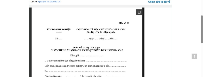 MẪU ĐƠN ĐỀ NGHỊ GIA HẠN GIẤY CHỨNG NHẬN ĐĂNG KÝ HOẠT ĐỘNG BÁN HÀNG ĐA CẤP