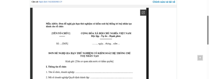 MẪU ĐƠN ĐỀ NGHỊ GIA HẠN THỬ NGHIỆM CÓ KIỂM SOÁT HỆ THỐNG TRÍ TUỆ NHÂN TẠO (DÀNH CHO TỔ CHỨC)