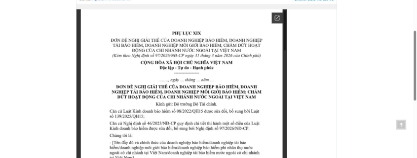 MẪU ĐƠN ĐỀ NGHỊ GIẢI THỂ CỦA DOANH NGHIỆP BẢO HIỂM, DOANH NGHIỆP TÁI BẢO HIỂM, DOANH NGHIỆP MÔI GIỚI BẢO HIỂM; CHẤM DỨT HOẠT ĐỘNG CỦA CHI NHÁNH NƯỚC NGOÀI TẠI VIỆT NAM