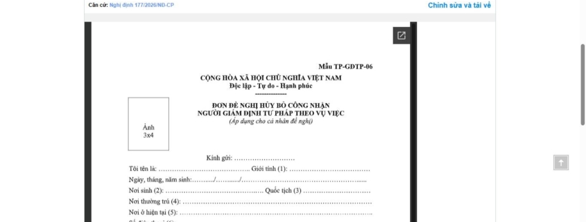 MẪU ĐƠN ĐỀ NGHỊ HỦY BỎ CÔNG NHẬN NGƯỜI GIÁM ĐỊNH TƯ PHÁP THEO VỤ VIỆC (ÁP DỤNG CHO CÁ NHÂN ĐỀ NGHỊ)