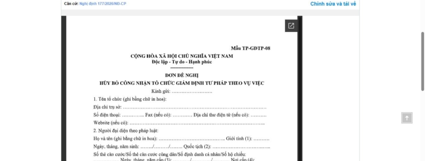 MẪU ĐƠN ĐỀ NGHỊ HỦY BỎ CÔNG NHẬN TỔ CHỨC GIÁM ĐỊNH TƯ PHÁP THEO VỤ VIỆC