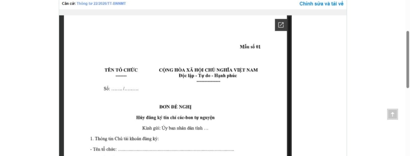 MẪU ĐƠN ĐỀ NGHỊ HỦY ĐĂNG KÝ TÍN CHỈ CÁC-BON TỰ NGUYỆN