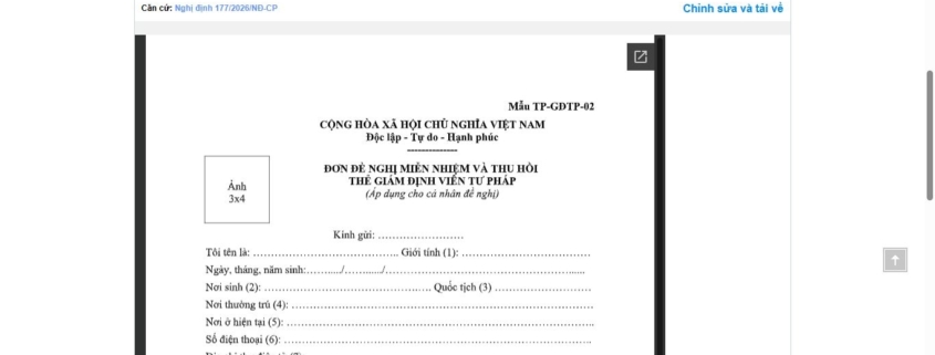 MẪU ĐƠN ĐỀ NGHỊ MIỄN NHIỆM VÀ THU HỒI THẺ GIÁM ĐỊNH VIÊN TƯ PHÁP (ÁP DỤNG CHO CÁ NHÂN ĐỀ NGHỊ)