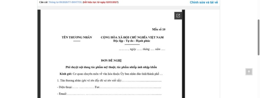 MẪU ĐƠN ĐỀ NGHỊ PHÊ DUYỆT NỘI DUNG TÁC PHẨM MỸ THUẬT, TÁC PHẨM NHIẾP ẢNH NHẬP KHẨU