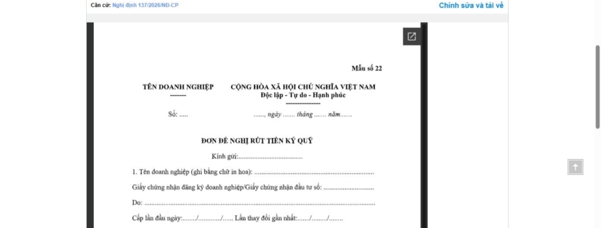 MẪU ĐƠN ĐỀ NGHỊ RÚT TIỀN KÝ QUỸ (ĐỐI VỚI HOẠT ĐỘNG BÁN HÀNG ĐA CẤP)