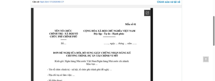 MẪU ĐƠN ĐỀ NGHỊ SỬA ĐỔI, BỔ SUNG GIẤY CHỨNG NHẬN ĐĂNG KÝ CHƯƠNG TRÌNH, DỰ ÁN TÀI CHÍNH VI MÔ