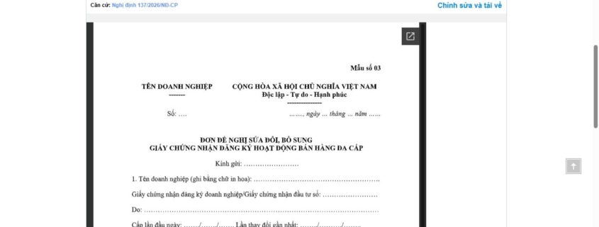 MẪU ĐƠN ĐỀ NGHỊ SỬA ĐỔI, BỔ SUNG GIẤY CHỨNG NHẬN ĐĂNG KÝ HOẠT ĐỘNG BÁN HÀNG ĐA CẤP
