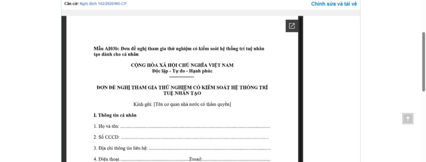 MẪU ĐƠN ĐỀ NGHỊ THAM GIA THỬ NGHIỆM CÓ KIỂM SOÁT HỆ THỐNG TRÍ TUỆ NHÂN TẠO (DÀNH CHO CÁ NHÂN)