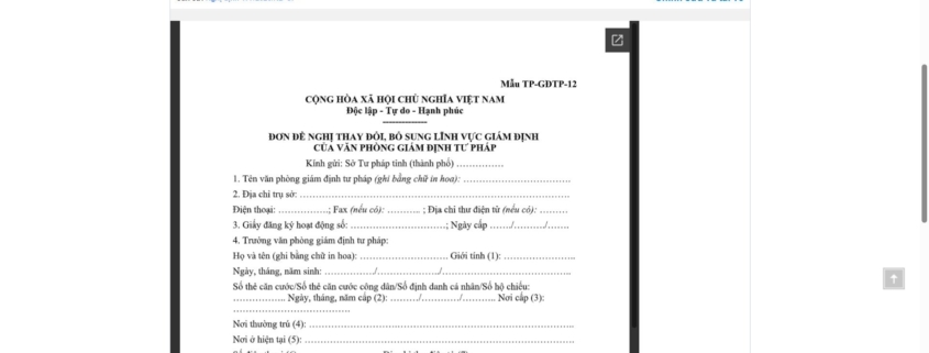 MẪU ĐƠN ĐỀ NGHỊ THAY ĐỔI, BỔ SUNG LĨNH VỰC GIÁM ĐỊNH CỦA VĂN PHÒNG GIÁM ĐỊNH TƯ PHÁP